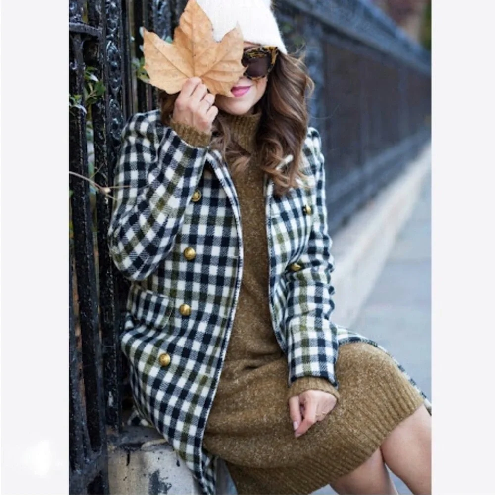 J.Crew Double Breasted Coat in Cypress Black Ivory Oxford Check Plaid Size 2 - Picture 16 of 16